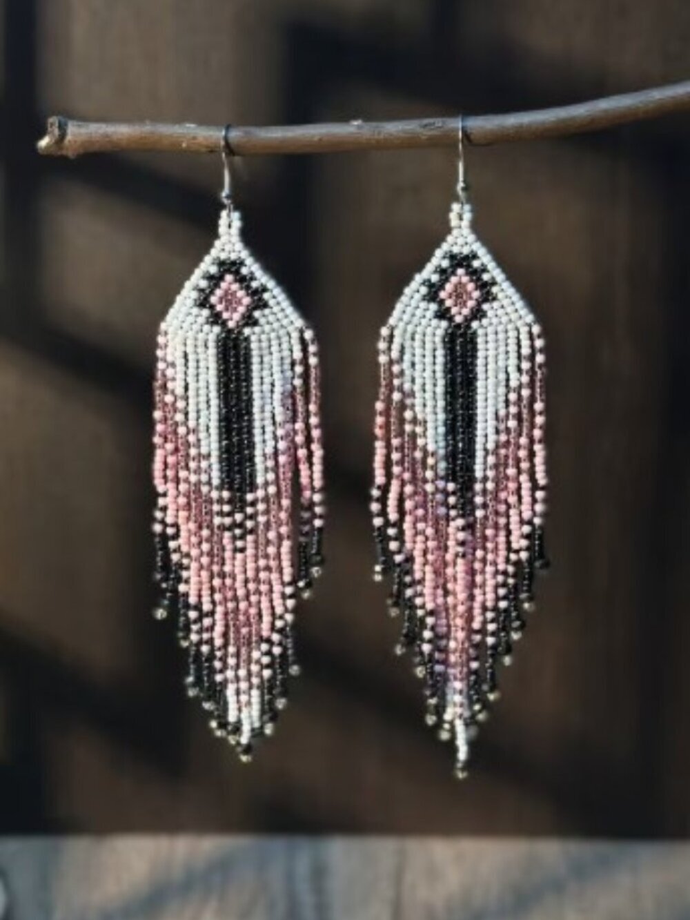Bohemian Style Beaded Tassel Earrings Handcrafted Glass Seed Bead Dangles Pink